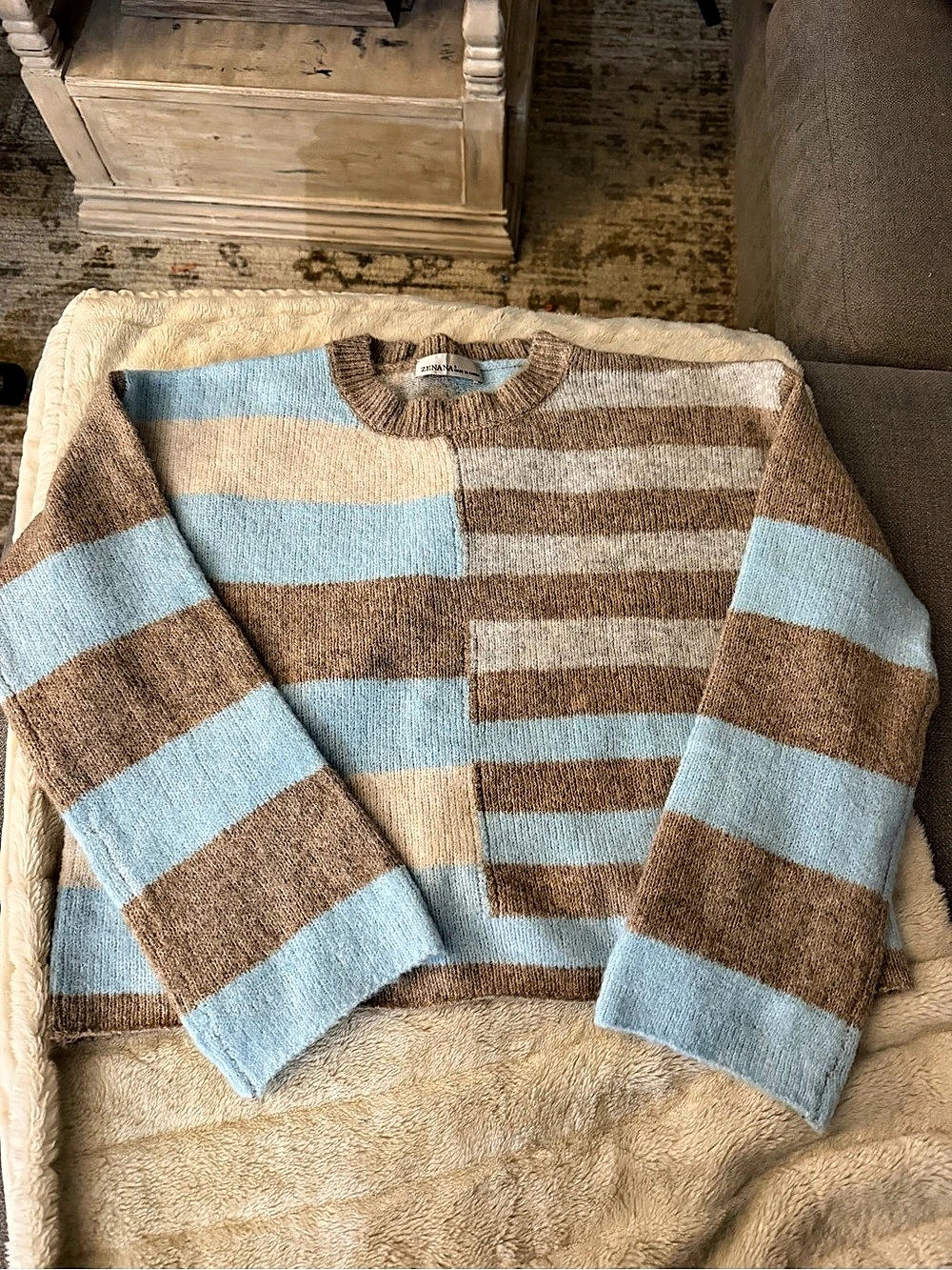 ZENANA Lightweight Colorblock Sweater Striped Crewneck Sweater in Blue & Brown
